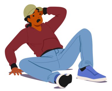 Şok olmuş ve sıkıntılı bir bakışla yerde oturan korkmuş bir adam. Karakter, kapüşonlu, kapüşonlu ve kot pantolonlu sıradan kıyafetler giyiyor ve çok korkmuş görünüyor. Çizgi film Vektör İllüstrasyonu