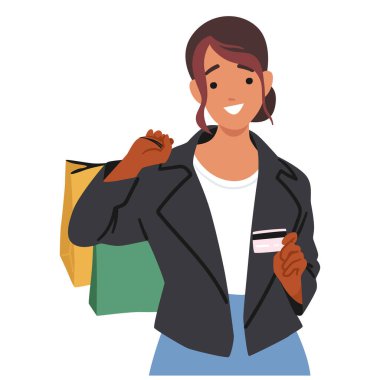 Gülümseyen kadın kredi kartı ve alışveriş torbaları. Karakter Tanımı Neşeli Alışveriş Deneyimi ve Tüketici Yaşam Tarzı. Çizgi film Vektör İllüzyonu Perakende, Satın Alım, Mutluluk Konsepti İçin Mükemmel