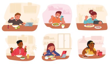 Çocuklar yemek yerken akıllı telefonlar ve tabletler gibi hediyeler kullanıyor. Vektör Senaryosu, yemek saatinde çocuklar arasında Modern Teknoloji Alışkanlıklarını Yansıtır, Ortak Bir Aile ve Yaşam Tarzı Senaryosu