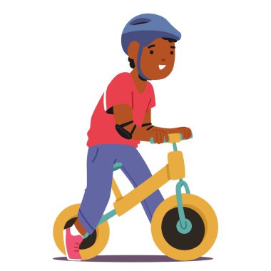 Sarı motorlu genç bir çocuk. Afrikalı Amerikalı Çocuk Karakteri kaskı ve dirsek pedleri takıyor, biniciliğin tadını çıkarırken güvenliğin öneminin altını çiziyor. Çizgi film İnsanları Vektör İllüstrasyonu