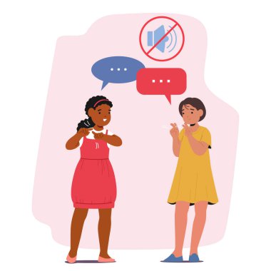 İki Kız İşaret Dili Kullanarak Sohbet Ediyor. Bir kız kırmızı elbise giyiyor, diğeri de sarı bir elbise giyiyor. Konuşma baloncuklarıyla ayakta duran ve yukarıda ses sembolü olmayan karakter. Vektör İllüstrasyonu