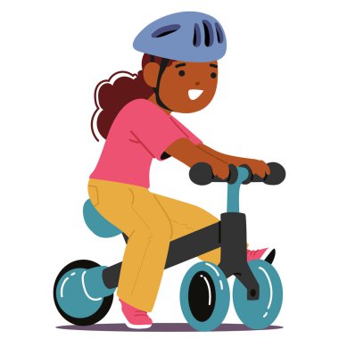 Pembe ve sarı detayları olan mavi motorlu genç kız. Çizgi film karakteri mavi bir kask takıyor ve biniciliğin zevkini ve güvenliğini vurgulayan büyük bir gülümsemesi var. Vektör İllüstrasyonu