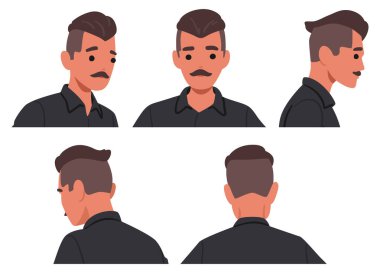 Farklı açılardan gösterilen bir adamın yakın çekim portreleri. Yüzünün ayrıntıları, saç stili ve ifadesi, modern görünümlü genç bıyıklı yetişkin erkek karakteri.