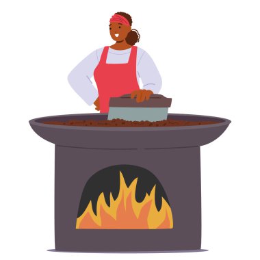 Kırmızı önlüklü bir kadın geleneksel bir fırında elle kahve pişiriyor. Kadın İşçi Karakteri, kahve üretimine sanatsal yaklaşımı gösteriyor. Çizgi film İnsanları Vektör İllüstrasyonu