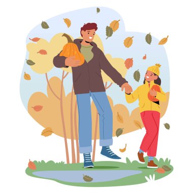 Çizgi film Baba ve Kızı Sonbahar Parkı 'nda yürürken Balkabağı Tutuyorlar. Düşen Yapraklar ve Renkli Ağaçlar rahat, mevsimsel bir atmosfer oluşturur, Sonbahar etkinlikleri ve aile bağları için mükemmel