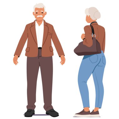 Önde ve Arkaya Bakış Konumunda Yaşlı Çift. Kadın kahverengi ceket ve mavi kot pantolon giyerken yaşlı adam kahverengi ceket ve pantolon giyer. Sıradan giyinen kıdemli karakterler. Vektör İllüstrasyonu