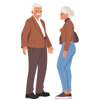 Profil görüntüsünde duran yaşlı bir adam ve kadın birbirleriyle çatışmaya giriyorlar. Sıradan giyinen karakterler, her gün sosyal etkileşim olduğunu gösteriyor. Kıdemli Dostluk, İletişim ve Yaşlanma kavramı