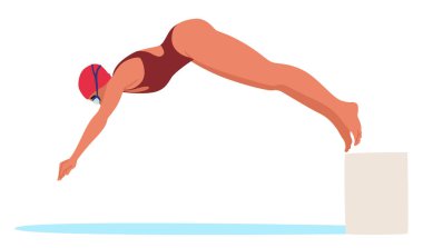 Kırmızı mayo giymiş, havuza dalan bir kadın. Çizgi film Yüzücü Yüzme Şapkası Giyer ve Gözlük Giyer Rekabetçi Ruhunu ve Atletizmi Gösterir. Vektör Resmi Sıvı Hareketine Odaklanma Anını Yakalar