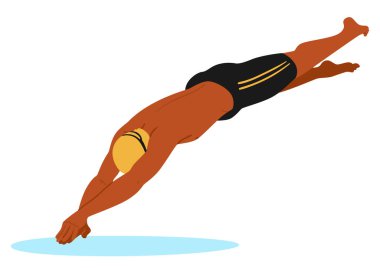 Yüzücü düzgün bir formda suya dalıyor. Görüntü, yüzme, spor, rekabet ve kararlılık konularındaki atletizm ve disiplini yansıtıyor. Çizgi film Vektör İllüstrasyonu