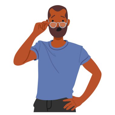 Bir eli kalçasında, diğeri de gözlüğünü ayarlayan şaşırmış bir adam. Karakterler korku ya da inançsızlığa benziyor. Çizgi film Vektör İllüstrasyonu Şok, Sürpriz ve Merakın Duygularını Taşıdı