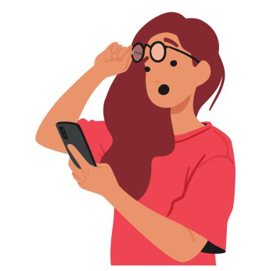 Kırmızı tişörtlü bir kadın, elinde sürpriz bir ifadeyle akıllı bir telefon tutuyor. Gözlüklerini ekrana bakarken ayarlıyor, şok ya da şaşkınlık duygularını iletiyor. Çizgi film Vektör İllüstrasyonu