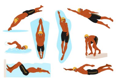 Profesyonel Erkek Yüzücüler Farklı Yüzme Teknikleri, Dalış, Serbest Yüzme, Sırtüstü Yüzme, Başlangıç Konumları. Spor, Spor ve Eğitim İzole Vektör Kavramsal Kümesi