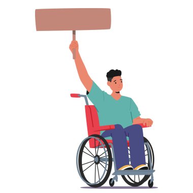Tekerlekli sandalyedeki engelli erkek karakter bir tabela tutuyor, Hakları ve Eşitliği savunuyor. Çizgi film Vektör İllüstrasyonu eylemciliği, protestoyu ve ayrımcılığa karşı mücadeleyi sembolize eder.