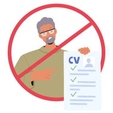 İş Bulmada Irkçılık ve Ayrımcılık Yapan Çizgi Film Vektörü İllüstrasyonu. Üstü çizili bir Cv tutan yaşlı erkek karakter, iş yeri önyargılarını ve haksız işe alma uygulamalarını temsil ediyor