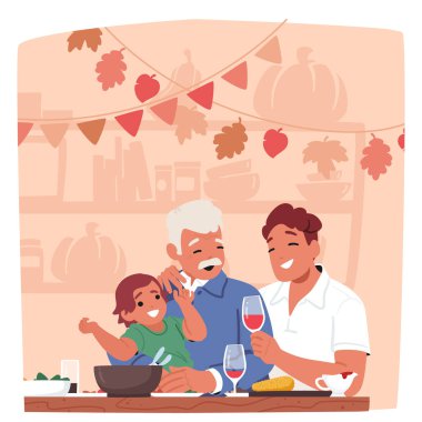 Neşeli aile karakterleri yemek masasında Şükran Günü 'nün tadını çıkarıyorlar. Yaşlı adam, genç adam ve çocuk güler ve yemeklerini güz temalı bir odada paylaşır. Çizgi film Vektör İllüstrasyonu