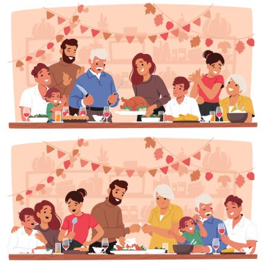 Joyful Family Gathering Around A Table, Celebrating Thanksgiving With A Turkey Feast And Festive Decorations. Multigenerational Relatives Enjoying Holiday Meal Together In A Cozy And Cheerful Setting clipart