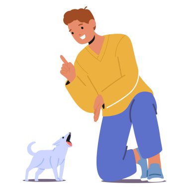 Havlayan Köpeği Eğiten Adam Komutları Kullanıyor. Erkek karakter diz çöküyor, işaret ediyor, köpeğe rehberlik ediyor, hayvan eğitimi ve iletişim kavramını ön plana çıkarıyor. Çizgi film Vektör İllüstrasyonu