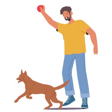Oyun sırasında köpeğini topla eğiten bir adam. Köpek heyecanlı ve nişanlı görünürken, karakter mutlu gözükür. Hayvan Eğitimi, Egzersiz ve Açık Hava Eğlencesi Çizgi Film Vektör Kavramı