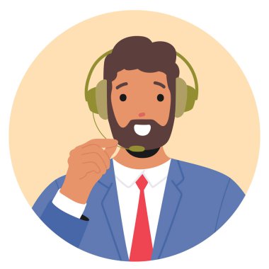 Gülümseyen Müşteri Destek Karakteri Kulaklık ve Takım Elbise Giyiyor, Profesyonelliği ve Arkadaşlığı Gösteriyor. Müşteri hizmetleri ve müşteri desteği kavramı. Çizgi film Vektör İllüstrasyonu