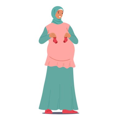 Hamile Müslüman Kadın Bebek Çorabı Tutup Gülümsüyor. Karakter, tesettür ve annelik elbisesi giyip, Anne, Anne ve Kültürel Yaşam tarzını sembolize ediyor. Vektör İllüstrasyonu