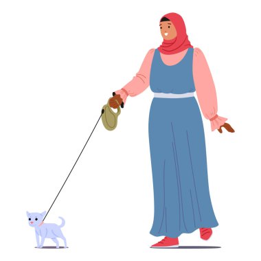 Başörtüsü takmış, günlük kıyafetler giymiş, tasmalı küçük bir köpeği gezdiren Müslüman bir kadın. Çizgi film Vektör Sahnesi Rahatlamış ve Mutlu Bir Yaşam Tarzı, Hayvan Bakımı ve Günlük Dış Etkinlikleri Vurguluyor