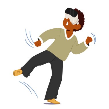 Vr gözlük takan bir çocuk sanal gerçeklik deneyimine daldı. Erkek karakter aktif olarak sanal çevreyle iç içe, heyecan verici ve eğlenceli bir ortam yaratıyor. Çizgi film İnsanları Vektör İllüstrasyonu