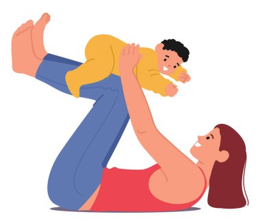 Anne bebeğini bacaklarının üzerinde tutarken yoga egzersizi yapıyor. Anne karakter gülümsüyor, ve bebek anın tadını çıkarıyor, aralarındaki bağı ve aşkı gösteriyor. Çizgi film İnsanları Vektör İllüstrasyonu