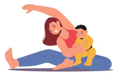 Anne çizgi film karakteri bebeğini tutarken yoga yapıyor ve esniyor. Ebeveyn-çocuk etkinliği sağlıklı, aktif bir yaşam tarzı ve gösteriler, bağlanma, zindelik ve aile zamanını teşvik eder.