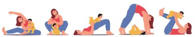 Anne, bebeğiyle çeşitli pozlarda yoga pratiği yapıyor. Resim gösterileri, bağlanma, spor ve sağlık. Aile aktiviteleriyle ilgili kavramlar, ebeveyn-çocuk etkileşimi ve sağlıklı yaşam tarzları için mükemmel.