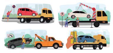 Çekici Çekici Çekici Çekici Çekici Çekici Çekici Çekici Çekici Araç Taşıma, Araç Kurtarma ve Yol Yardım Servisi. Çizgi film Vektör İllüstrasyonu