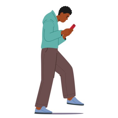 Genç adam yürüyor ve akıllı telefonuna bakıyor. Siyah Erkek Karakteri Teknoloji ve İletişim Devam Ediyor, Beyaz Arkaplan 'da tecrit edildi. Çizgi film İnsanları Vektör İllüstrasyonu
