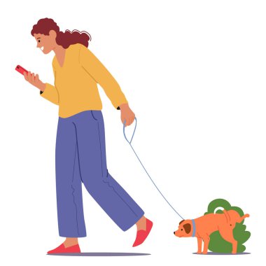 Kadın karakter telefonla konuşurken ve köpeğini gezdirirken gezinmeyi sever. Beyaz Arkaplanda İzole Edilmiş Bir Teknoloji ve Boş Zaman Anı. Çizgi film İnsanları Vektör İllüstrasyonu