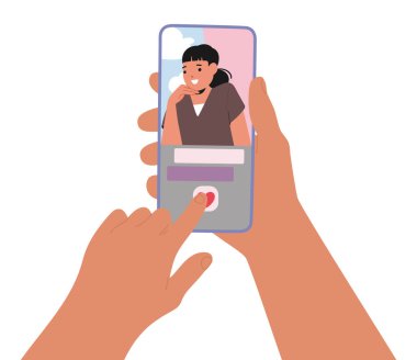 Çevrimiçi Gülümseyen Kadın Karakterinin Görüntüsünü Görüntüleyen Akıllı Telefonun Kapanışı, Beyaz Arkaplanda İzole Edilmiş Modern İletişim Teknolojisini temsil ediyor. Çizgi film Vektör İllüstrasyonu