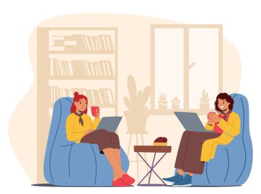 İş arkadaşları dizüstü bilgisayarları ve rahat bir atmosferle rahat bir ofiste rahatlatıcı bir kahve molası veriyor. Karikatür Gevşemiş İnsanlar İletişim. Vektör İllüstrasyonu