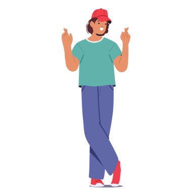 Neşeli Erkek Karakteri, günlük giysiler giyiyor ve umut dolu bir jestle umut dolu bir şekilde şapkasını takıyor. Çizgi film vektör görüntüsü şans, güven, umut ve pozitifliği çağrıştırıyor.