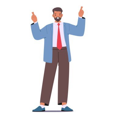 Mavi ceket ve kırmızı kravat takıp pozitif poz veren kendine güvenen bir iş adamı. Çizgi film Vektör İllüstrasyonu İyimserlik ve Umut, İş ve Başarı Konseptleri İçin İdeal
