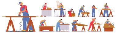 Marangozlar farklı araç ve teknikler kullanarak tahta projeler üzerinde çalışıyorlar. Her bir zanaatkar, marangozluk ve marangozlukta özel bir görev üstleniyor. Vektör İllüstrasyonu