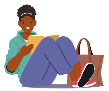 Üniversite öğrencisi kız, yerde rahatça oturur ve hevesle kitap okurdu. Çizgi film Vektör Sahnesi, öğrenci hayatının özünü ve sakin ve rahatlatıcı ortamda bilginin peşinde koşmayı yakalar.