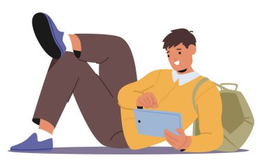 Genç üniversite öğrencisi tablet kullanırken dışarıda dinleniyor. Sırt çantalı günlük kıyafet, mutlu ve rahat bir ruh hali. Eğitim, Teknoloji ve Öğrenci Hayatıyla İlgili Temalar İçin İdeal