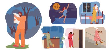 Ayışığı ve Kapalı Kapılar Altında Uyurgezerlik Aktivitelerini Uyurgezerlik ve Çevrede Uyutan Çeşitli Erkek ve Kadın Karakterleri. Çizgi film Vektör İllüstrasyonu