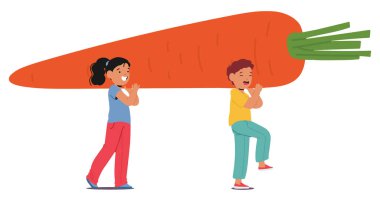 Neşeli Çocuk Karakteri, çocuklar için hayal gücü, sağlık ve eğlence etkinlikleri kavramları için mükemmel ve harika bir takım çalışması sergileyen dev bir havuç taşıyor. Renkli Çizgi film Vektör İllüstrasyonu