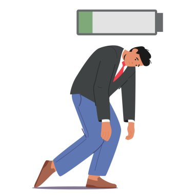 Yorgun İşadamı Karakteri Düşmüş Omuzlar ve Düşük Batarya İkonası Depolama Yorgunluğu ve Enerji Eksikliği. Çizgi film Vektör Resimi Yanma ve İşyeri Stresini Taşıdı