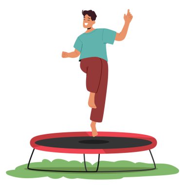 Neşeli Erkek Karakteri Trambolinde Trambolinde Zıplamaktan Zevk Almaktadır. Eğlence ve Eğlencelidir. Dışarıda boş zaman geçiren kişi. Çizgi film İnsanları Vektör İllüstrasyonu