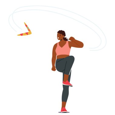Afrika kökenli Amerikalı kadın sporcu, spor kıyafetli. Enerji dolu bir bumerang fırlatıyor ve etkinlik ve güç ruhunu yakalamaya odaklanıyor. Çizgi film İnsanları Vektör İllüstrasyonu