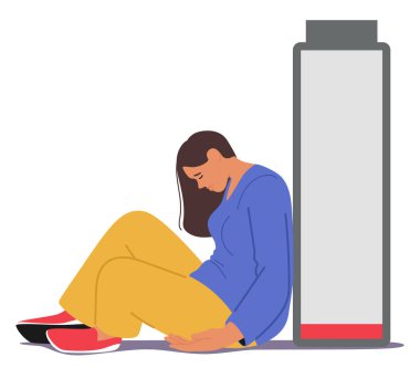 Yorgun bir kadın, kafası yerde, bitkin ve enerji eksikliğini temsil eden boş bir batarya ikonunun yanında oturuyor. Kadın Karakter Yanma Deneyimi. Çizgi film İnsanları Vektör İllüstrasyonu