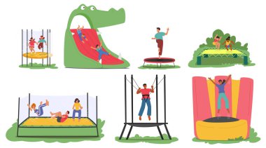 Trampolinlerde ve dışarıda şişme slaytlarda eğlenceli aktivitelere katılan karakterler. Çizgi film Vektör Sahnesi Neşe, Rekreasyon ve Eğlenceyi Vurguluyor İnsanların Atlayıp Kayarak Oyuncu Atmosferinde