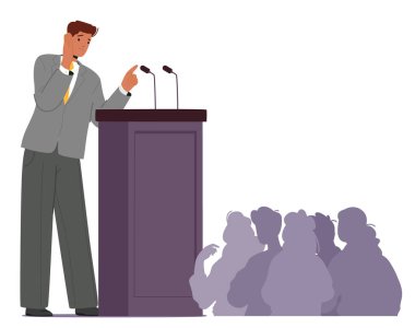 Sinirli adam seyirciyle yüzleşen bir kürsüde halk önünde konuşma korkusu yaşıyor. Vektör görüntüsü, kalabalığın önünde konuşmayla ilişkili endişe, paranoya, fobi ve duygusal meydan okumayı yakalar.