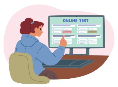 Genç Öğrenci Çevrimiçi Bir Bilgisayarda Sınava Girmekle meşguldü. Modern Dijital Eğitim ve Uzaktan Öğrenme Ortamı, Teknoloji ve Bilgi Değerlendirmesi. Çizgi film Vektör İllüstrasyonu