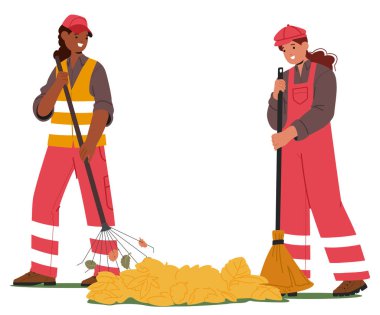 Yansıtıcı Üniformalı iki kadın işçi, sonbahar yapraklarını şehir parkındaki bir ortamda tırmıklıyor ve süpürüyor. Çizgi film İşçileri Karakterleri Mevsimsel Temizlik ve Bakım Görevlerine Odaklandı