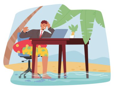 Genç İşadamı Uzaktan Tatil Yapan Karakter, Tropikal Plajda Dizüstü bilgisayar ve Yaz Kıyafeti Taşımacılığı Konsepti ile Rahatlamış Tatil Ortamı İçin Harmanlama Yapıyor